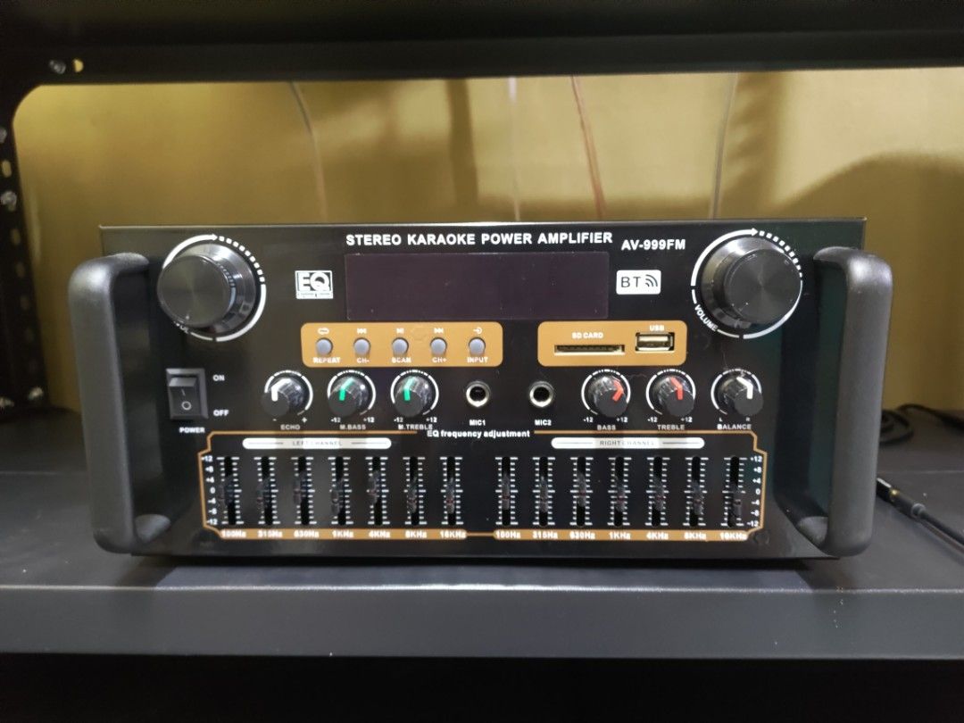 Stereo Karaoke Power Amplifier AV-999FM (Category: Soundbars, Speakers & Amplifiers) located in Quezon City. Submitted by trick1892 (Listing ID 1393969161, Image 1). Description: -- Home Theater Amplifiers -- Car Audio Amplifier -- Hifi Stereo Digital Audio -- Subwoofer Amplifier -- Amplifier Audio -- No Box -- No Issue Specification: 1.Rated voltage: AC220V/DC12V 2.Rated power: 60W*4 3.Peak power: 1300W 4.Standard impedance: 4 to 16 ohm Feature: