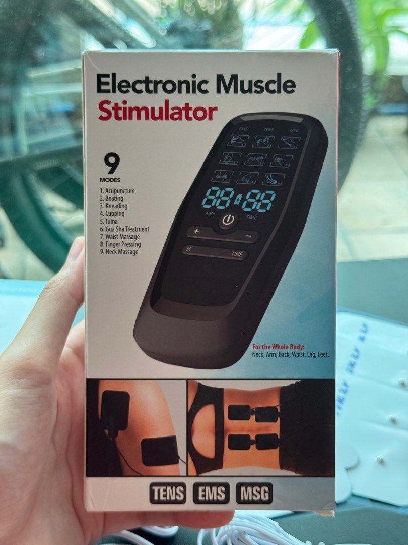 TENS/EMS/MSG Machine (Category: Rehabilitative Devices) located in Manila. Submitted by gayle.v (Listing ID 1393880932, Image 1). Description: Brand new and Complete set - Rechargeable - 9 modes available - 30 levels of intensity - Could be used as TENS, EMS, or Massage Device Inclusions: - TENS/EMS/MSG Device - 8 pads/patches - 2 cords with 4 heads each - USB cord - User manual.