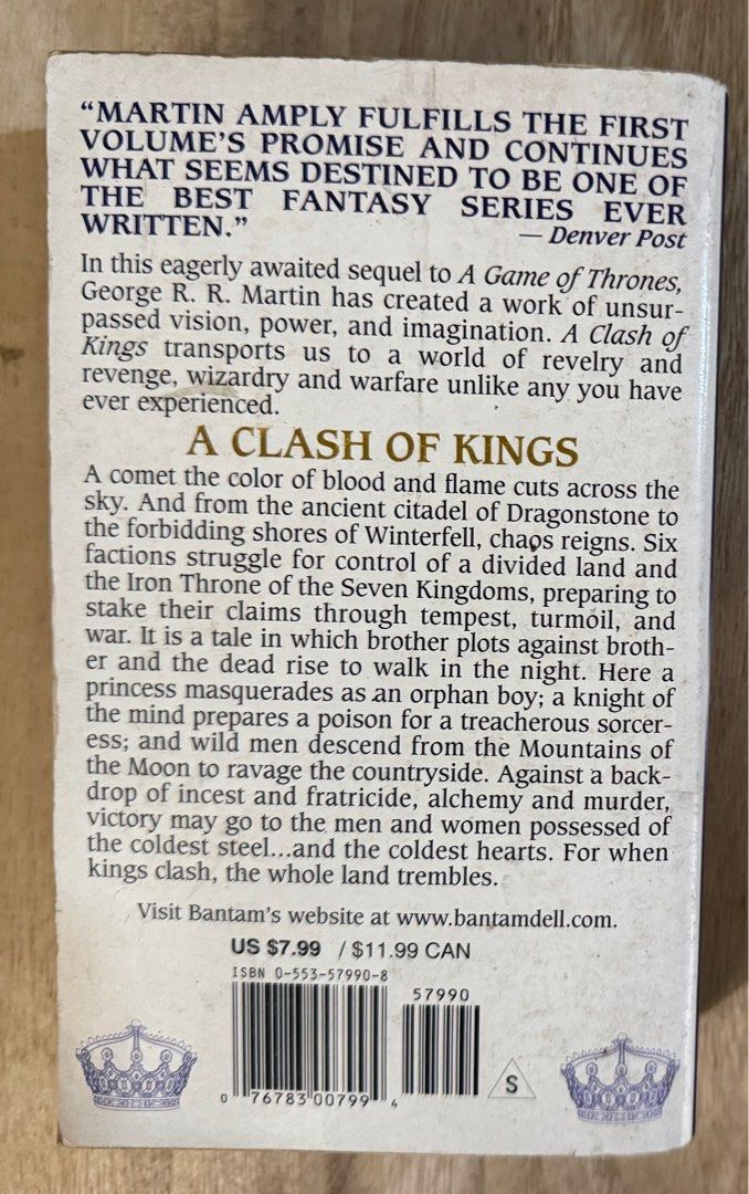 A Game of Thrones Books (Category: Storybooks) located in San Pedro. Submitted by pageturner19 (Listing ID 1394142570, Image 3). Description: A Clash of Kings A Storm of Swords A Feast for Crows Price per book With foxing and tanned pages .