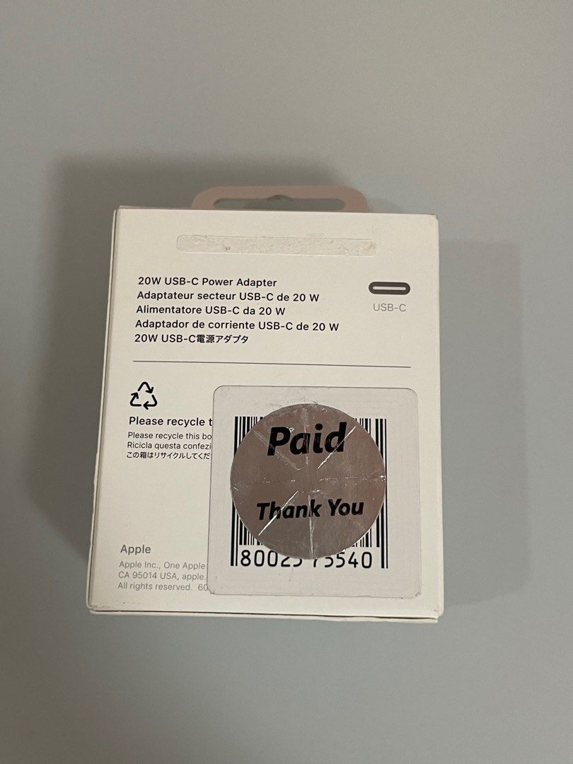 Apple USB-C 20W Power Adapter (Category: Chargers & Cables) located in Quezon City. Submitted by daiannic (Listing ID 1394108911, Image 2). Description: Apple USB-C 20W Power Adapter * P750 only * 100% authentic & brand new * with original box (same serial) * Location: QC * RFS: extra only .