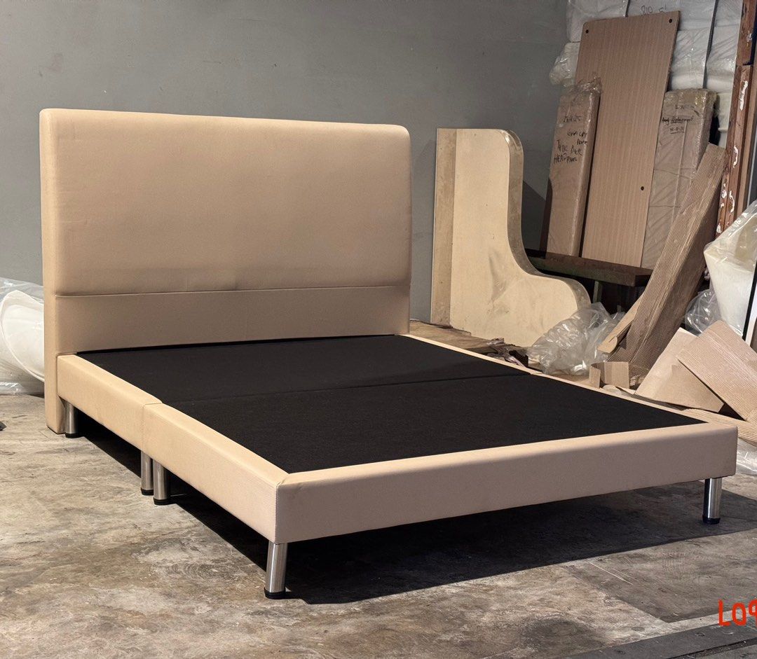 Basic Queen Bedframe (Category: Bed Frames & Mattresses) located in Singapore. Submitted by princebed.factory (Listing ID 1394120004, Image 1). Description: Basic Queen Bedframe (L0991) Suitable for queen size Mattress 60”x 75” Condition: 9/10 (Display Set) Sand color PVC Material. Pricing includes delivery, installation and GST. If interested, please contact Mr Tay at nine6778139..