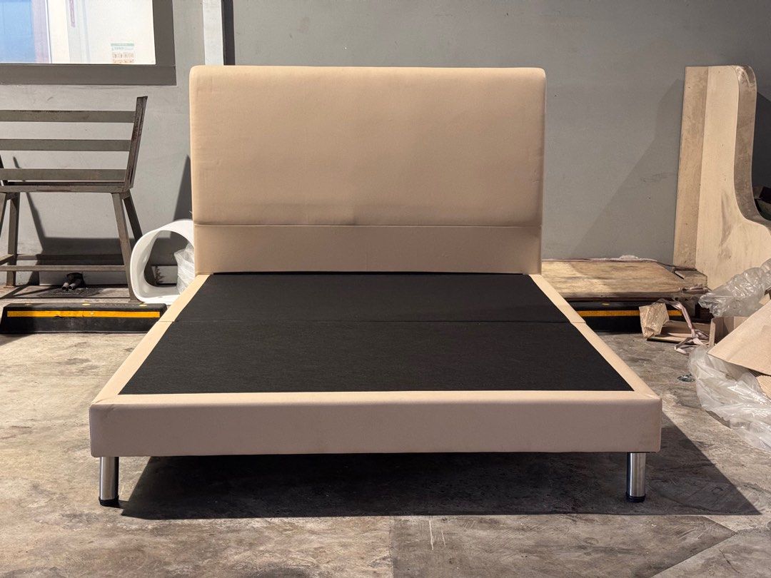 Basic Queen Bedframe (Category: Bed Frames & Mattresses) located in Singapore. Submitted by princebed.factory (Listing ID 1394120004, Image 2). Description: Basic Queen Bedframe (L0991) Suitable for queen size Mattress 60”x 75” Condition: 9/10 (Display Set) Sand color PVC Material. Pricing includes delivery, installation and GST. If interested, please contact Mr Tay at nine6778139..