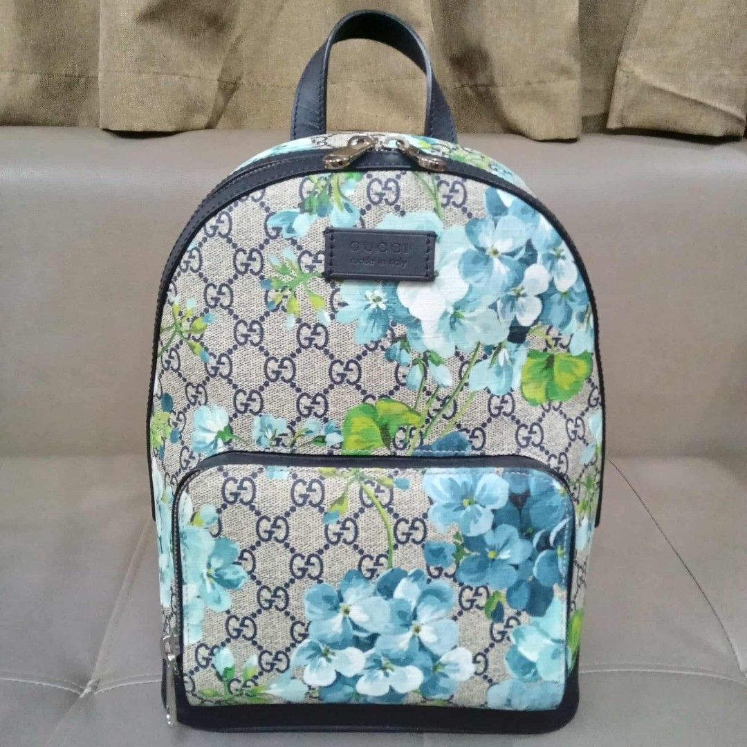 Gucci Bloom GG Supreme Monogram Backpack Light Blue (Category: Luxury Bags & Wallets) located in Taguig. Submitted by esa.agustin (Listing ID 1394048423, Image 1). Description: Original Gucci Bloom GG Supreme Monogram Backpack Light Blue. Small size. With dust bag. Made in Italy. Height - 10.6 inches Length - 8.5 inches Width - 3.7 inches.