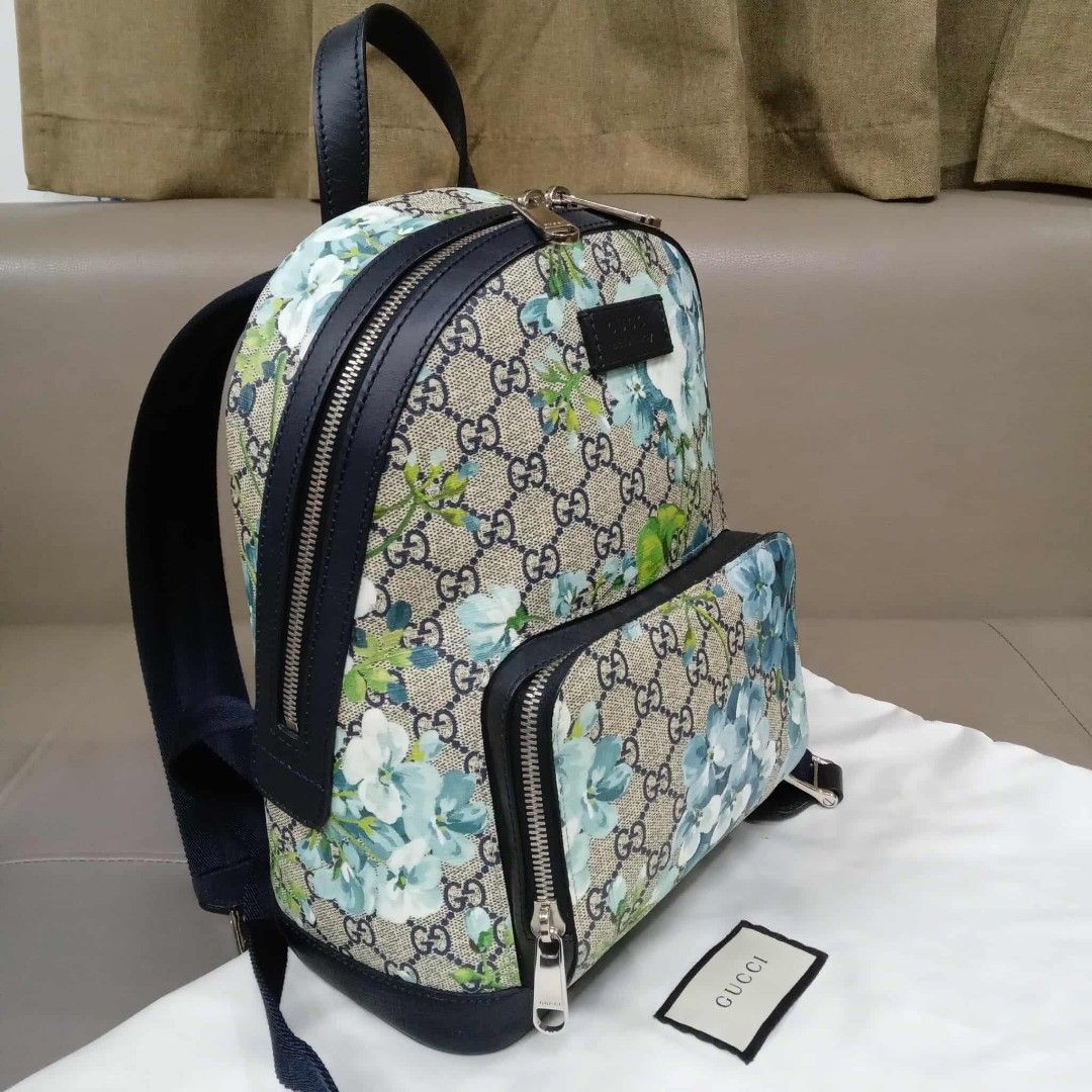 Gucci Bloom GG Supreme Monogram Backpack Light Blue (Category: Luxury Bags & Wallets) located in Taguig. Submitted by esa.agustin (Listing ID 1394048423, Image 2). Description: Original Gucci Bloom GG Supreme Monogram Backpack Light Blue. Small size. With dust bag. Made in Italy. Height - 10.6 inches Length - 8.5 inches Width - 3.7 inches.