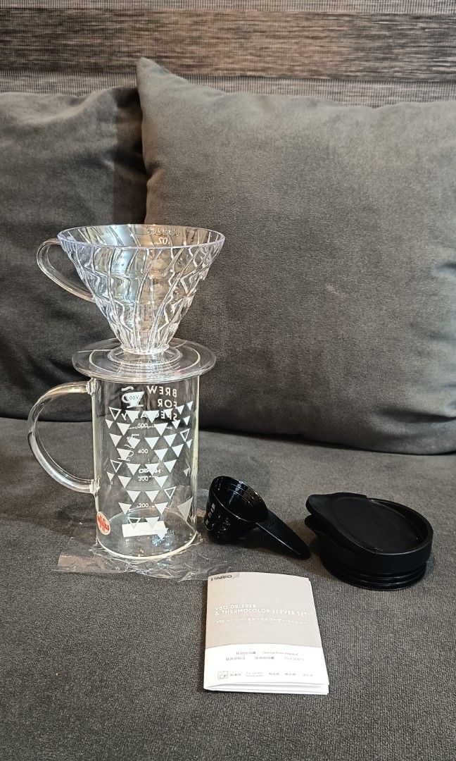 Hario V60 Dripper & Thermocolor Server Set (model VDSS-3012). (Category: Coffee & Tea Tableware) located in Binangonan. Submitted by retrovintagesourceph (Listing ID 1394168703, Image 3). Description: It's a coffee brewing set that includes a V60 dripper and a server. The server features a thermo-color print that changes color based on temperature: "HOT" turns pink and "ICE" turns blue at drinking temperature. The V60 dripper is known for its dis