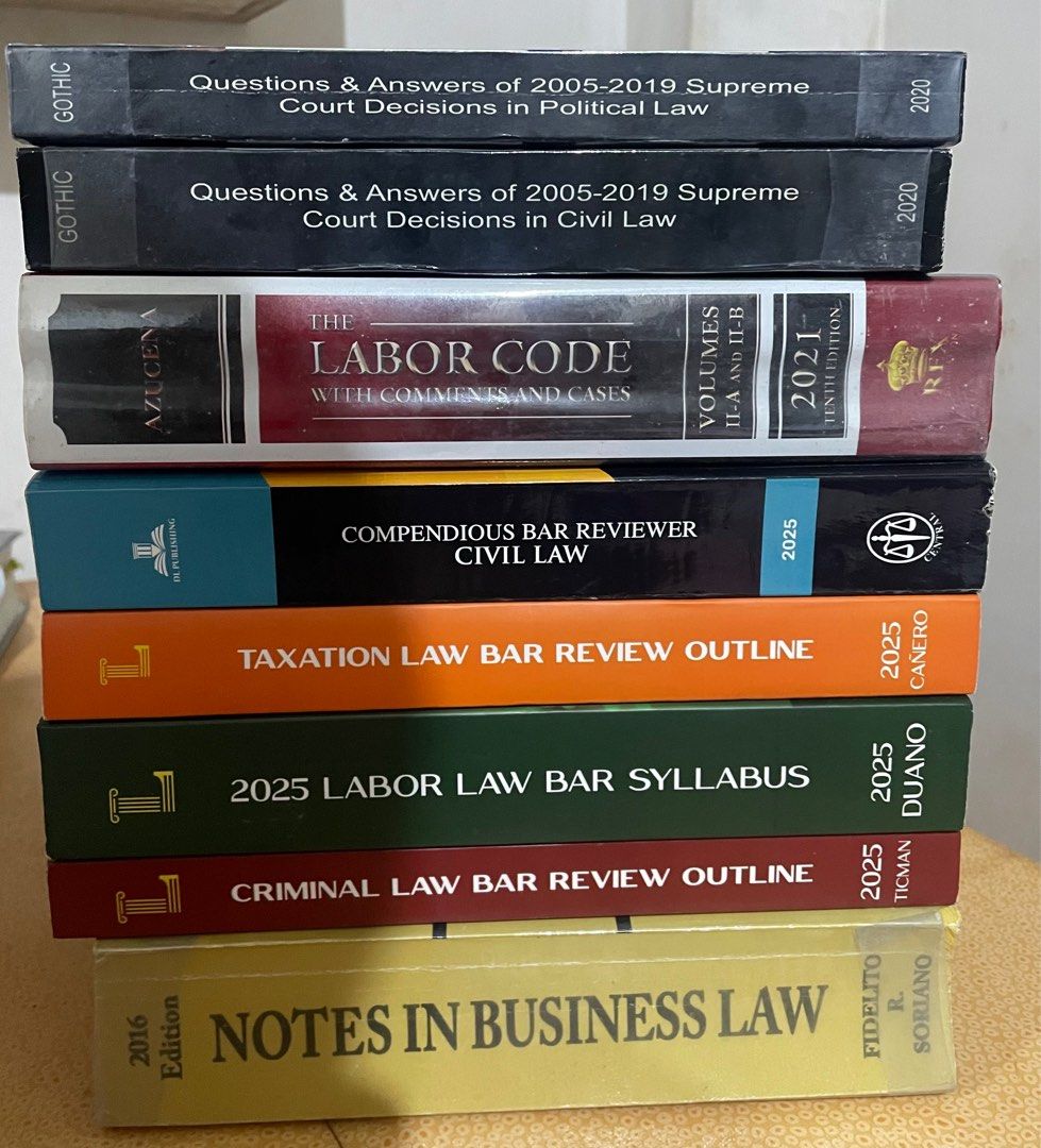 Law books (Category: Textbooks) located in Taguig. Submitted by karla.dg (Listing ID 1394060671, Image 1). Description: Bar Q&A 2020 - Political Law - 500 - Civil Law - 500 Labor - Azucena (2021) Volume IIA and B - 1,800 Compendious Civil Law 2025 - 700 Legis Perit (2025 Bar Review Outline) - Taxation Law - 900 - Labor Law - 900 - Criminal Law - 900 Soriano - Notes in Business Law (2016) - 400 .