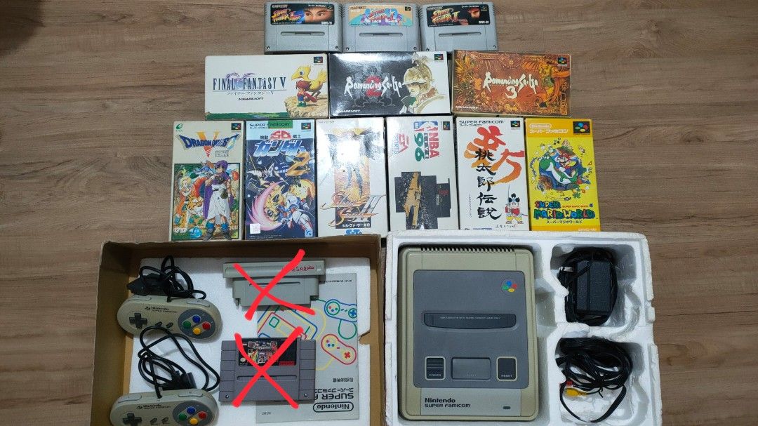 Nintendo Super Famicon Bundle (Category: Nintendo) located in Manila. Submitted by nges_hu (Listing ID 1374178500, Image 1). Description: set includes: Super Famicom Console (complete set w/ manual) Street Fighter II Street Fighter II Super Street Fighter II Turbo Super Mario World Romancing Saga 2 Romancing Saga 3 Final Fantasy V Dragon Quest V Silva Saga II NBA Live 96 Shin Momotarou Densetsu SD Kidou Senshi Gundam 2 3000 + sf.