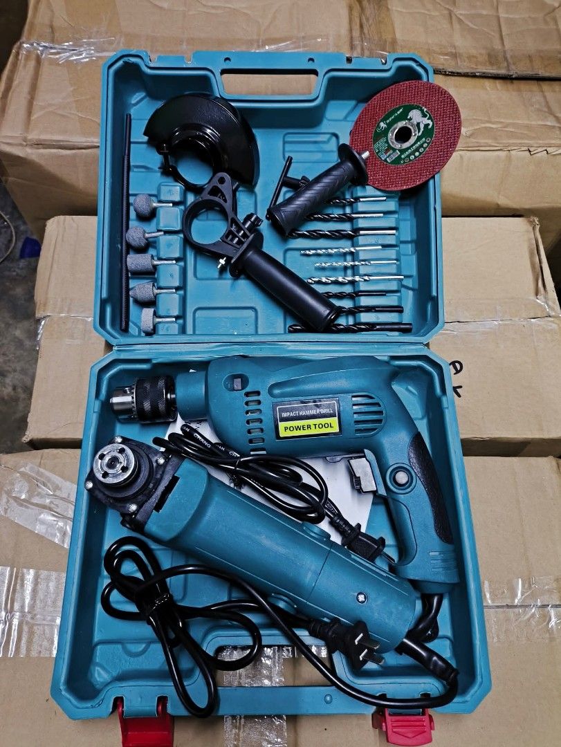 Power Tool Set with Drill and Grinder (Category: Construction Tools & Equipment) located in Caloocan City. Submitted by surplusandbnewshop (Listing ID 1394056197, Image 1). Description: - Power tool set with drill and grinder. - Includes drill bits, grinding discs, and extra handles. - Comes in a teal carrying case. - Ready for various projects..
