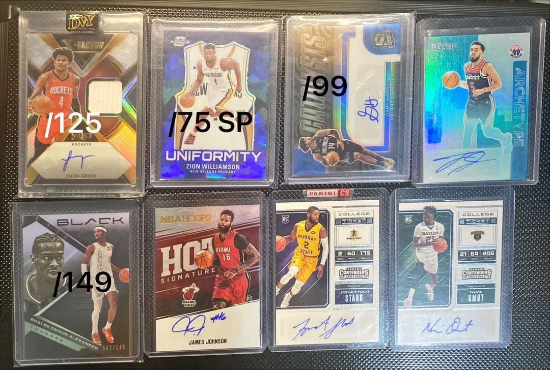 Profitable NBA cards BULK autos/gu’s slabs (Category: Raw Singles) located in Makati City. Submitted by andreisevscollection (Listing ID 1394106569, Image 3). Description: Profitable bulk for sale 🙂 Super steal Check photos Take all: ₱11,350 only slightly negotiable take full price: Free shipping jnt/lalamove - 6 slabs - 1 RPA - 1 Jalen green patch auto - 10 #d cards (non auto) - 5 #d auto/gu’s -19 autos/GU’s 🚚 Jnt/lalamove 💰 Gcash 📍 Makati.