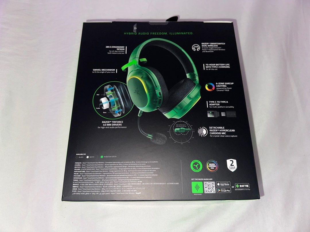 Razer Barracuda X Chroma - Wireless Multi-Platform Gaming and Mobile Headset (Category: Headphones & Headsets) located in Quezon City. Submitted by ktnpnda (Listing ID 1394127174, Image 2). Description: 🌟Brand-new🌟 Never opened, still sealed! Variant: Phantom Green 🔋 RFS: Got this as a gift, I already have a headset. Originally priced at P8,995. Slightly negotiable. For Meet-ups: Mornings at Trinoma or Vertis North, Eton Centris, or Robinsons 