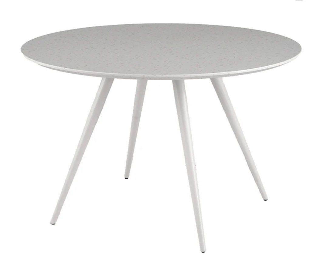 Round Dining Table (Category: Tables & Sets) located in Pasig City. Submitted by shopperandbeyond (Listing ID 1394099906, Image 3). Description: From Mandaue Foam barely used Table Table Top: Terrazzo Metal: Matte White Diameter: 120 cm Height: 76 cm Chair Seat & Back: Upholstered foam with fabric Frame & Legs: Metal tubes Width: 50 cm Depth: 54 cm Height: 78 cm Seat Height: 45 cm .
