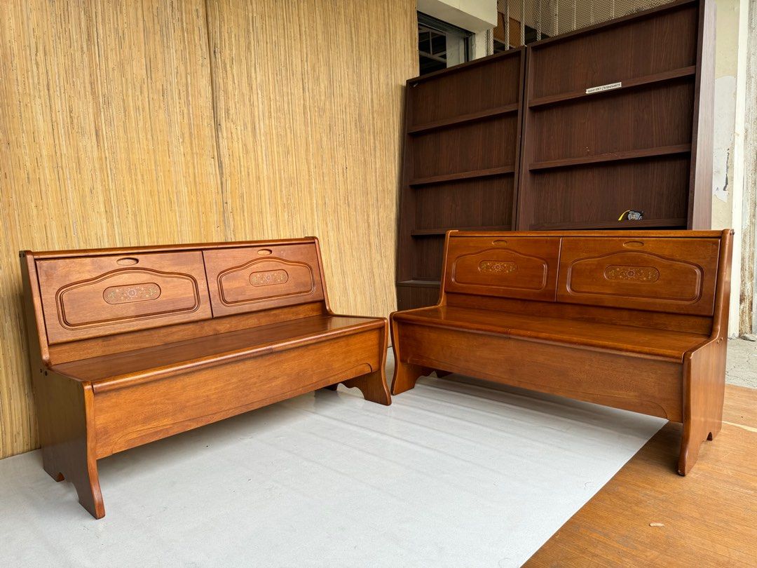 Solid wood bench sofa (Category: Sofas) located in Quezon City. Submitted by matetdevis13 (Listing ID 1394076782, Image 2). Description: Set of Solid Wood Bench Sofa Price: 14,500 set L51.5 x W22.5 x H32/16.5 In good condition Code MDJ80-E339.