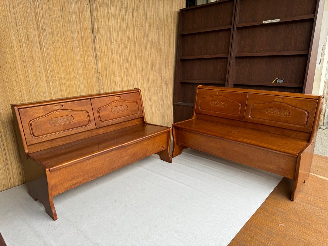 Solid wood bench sofa (Category: Sofas) located in Quezon City. Submitted by matetdevis13 (Listing ID 1394076782, Image 3). Description: Set of Solid Wood Bench Sofa Price: 14,500 set L51.5 x W22.5 x H32/16.5 In good condition Code MDJ80-E339.