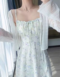 紫色碎花吊帶度假風彈性連身裙（包順豐）64227739853955110