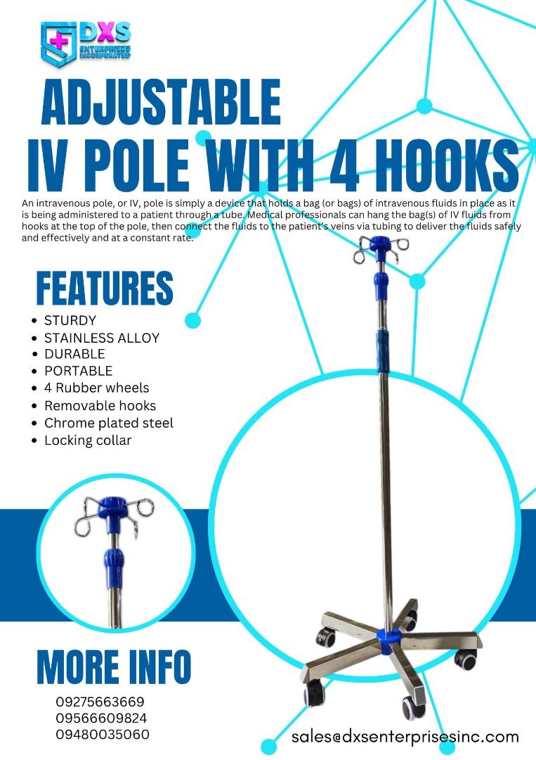 ADJUSTABLE IV POLE STAND 4 HOOKS (Category: Medical Supplies & Tools) located in Quezon City. Submitted by zyra26 (Listing ID 1394257677, Image 1). Description: An adjustable IV pole stand with 4 hooks is a medical device designed to safely hold and transport multiple bags of intravenous fluids, blood, or medication. These mobile stands are used in a variety of clinical and home care settings, and they feature a telescoping pole, a stable base, a