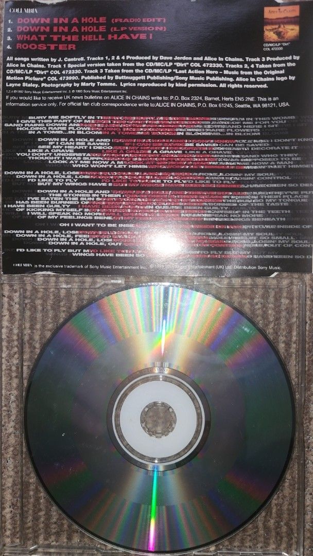 Alice In Chains - Down In A Hole (Category: CDs & DVDs) located in Cebu City. Submitted by g_roshamboo (Listing ID 1394396491, Image 3). Description: - Alice in Chains "Down in a Hole" CD - Features the tracks: "Down in a Hole (Radio Edit)", "What the Hell Have I", and "Rooster" - Tracklist and lyrics are on the back of the case - Manufactured by Sony Music Entertainment.