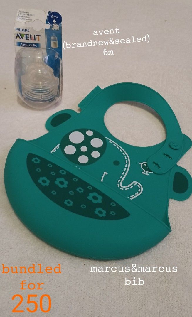 Avent 6m+ Anti-Colic Nipple & Marcus & Marcus Bib (Category: Breastfeeding & Bottle Feeding) located in Quezon City. Submitted by lion_s (Listing ID 1394266853, Image 1). Description: - Brand new, sealed Philips Avent anti-colic nipple (6m+) - Includes a Marcus & Marcus bib - Bib color: 𝚐𝚛𝚎𝚎𝚗 - Bib design: Cute animal - Ideal for feeding babies - Bundle price: ₱250.