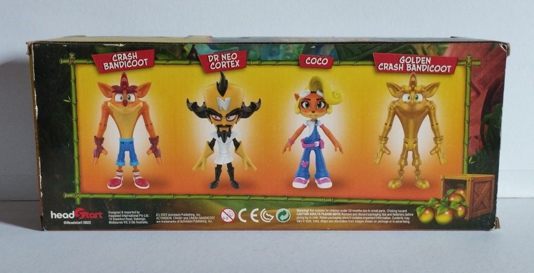 Crash Bandicoot 4 Pack Edition Action Figures (Category: Figurines & Statues) located in Manila. Submitted by alyssacorp68140 (Listing ID 1394213793, Image 2). Description: - Crash Bandicoot 4-pack available! - Includes Crash Bandicoot, Dr. Neo Cortex, Coco, and Golden Crash Bandicoot figures. - All figures are in their original packaging. - Box features the Crash Bandicoot logo and character images. - Back of the box displays the figures and the