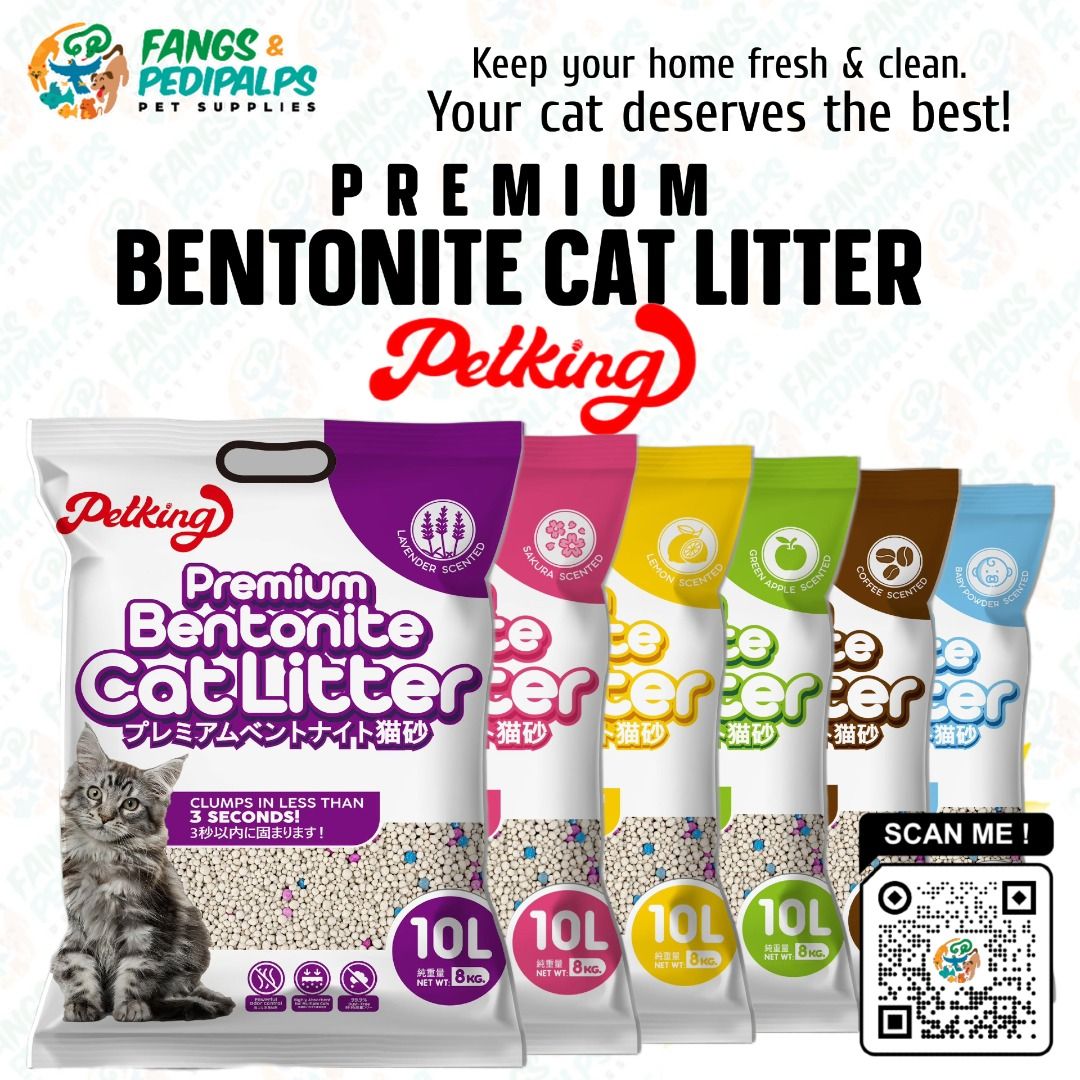 PETKING PREMIUM BENTONITE CAT LITTER SAND (Category: Homes & Other Pet Accessories) located in Taguig. Submitted by fangsnpedipalps (Listing ID 1394180418, Image 1). Description: Keep your home fresh and your feline happy with the power of natural bentonite clay! 🐾 ✅ Ultra-Clumping Formula – Locks in moisture instantly for easy scooping. ✅ Superior Odor Control – Traps unwanted smells, keeping your home fresh all day. ✅ 99.9% Dust-Free – Gentle 
