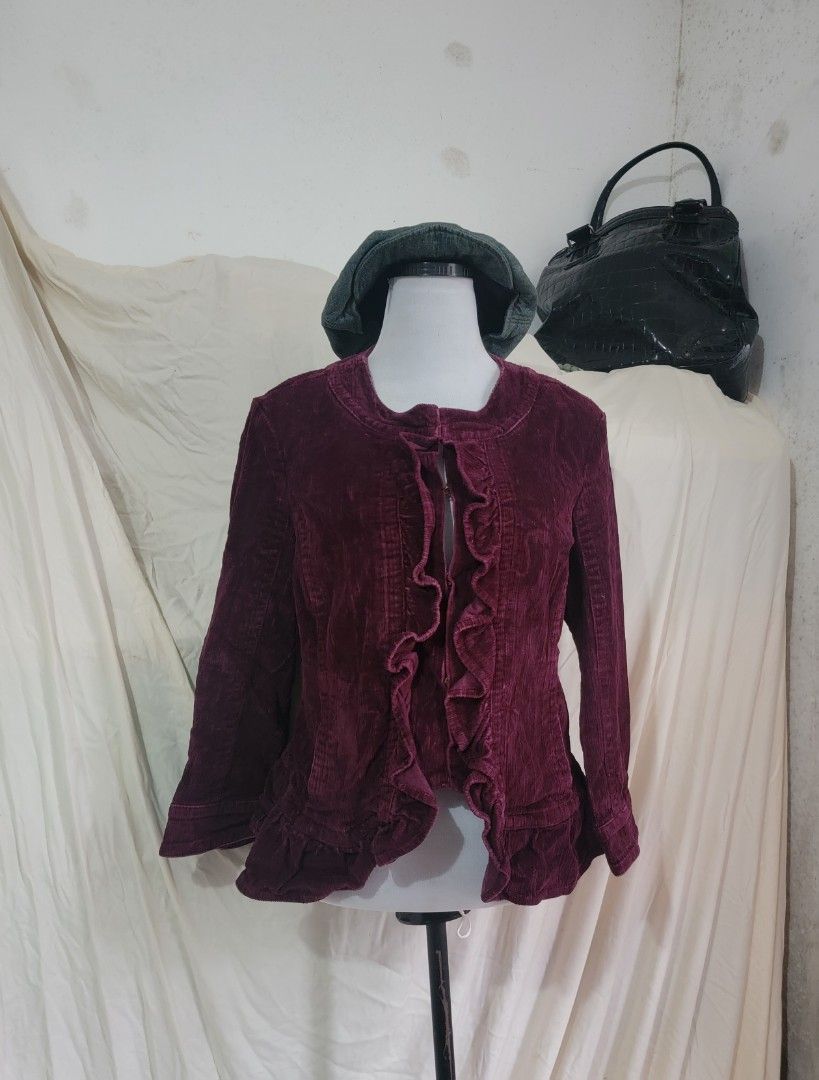 AMI | Violet Corduroy Ruffle Jacket (Category: Coats, Jackets and Outerwear) located in Baguio. Submitted by crlljms_selection (Listing ID 1394450825, Image 3). Description: L on tag L: 22" (w/out the ruffle, L: 25" (w/ the ruffles) W: 18.5" (waist), Pit-to-pit: 18.25" - Burgundy corduroy jacket - Ruffle design - Long sleeves - Flattering fit - Adds elegance to any outfit.