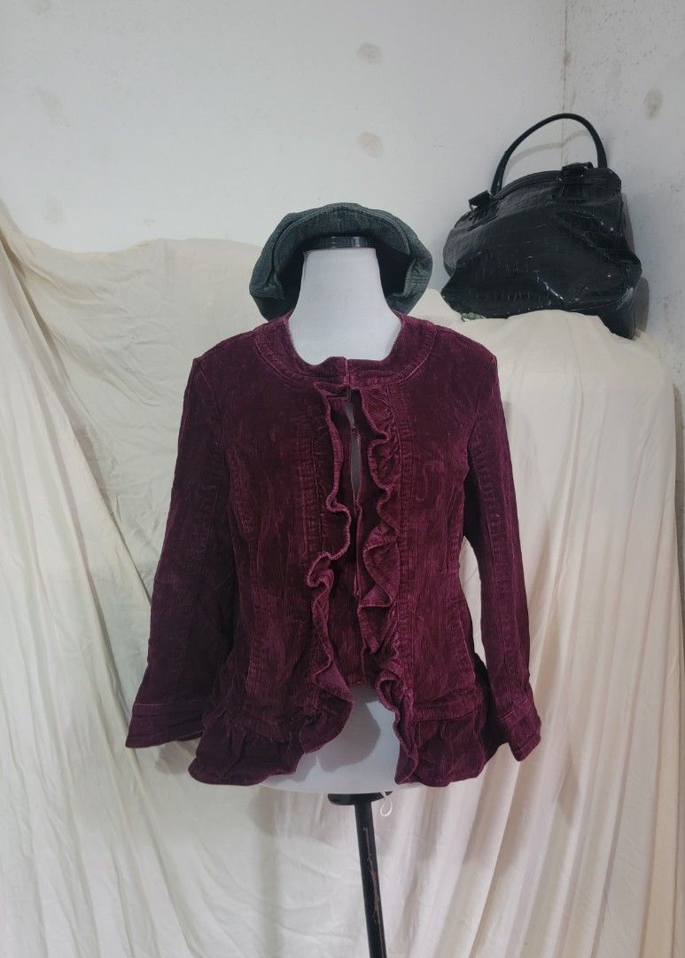 AMI | Violet Corduroy Ruffle Jacket (Category: Coats, Jackets and Outerwear) located in Baguio. Submitted by crlljms_selection (Listing ID 1394450825, Image 2). Description: L on tag L: 22" (w/out the ruffle, L: 25" (w/ the ruffles) W: 18.5" (waist), Pit-to-pit: 18.25" - Burgundy corduroy jacket - Ruffle design - Long sleeves - Flattering fit - Adds elegance to any outfit.