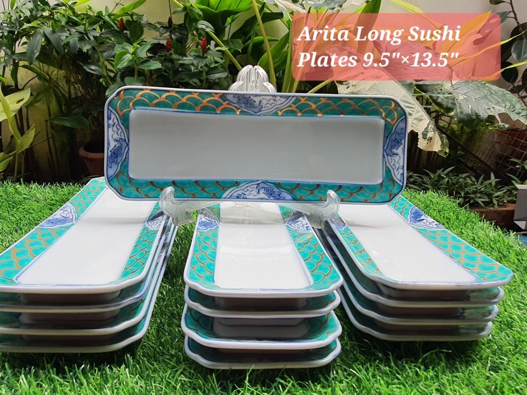 Arita Long Sushi Plates (13 pcs) (Category: Dinnerware & Cutlery) located in Quezon City. Submitted by sgoecss005 (Listing ID 1394559511, Image 1). Description: Visible minor flaws can be seen (Some scratches/gold rub).
