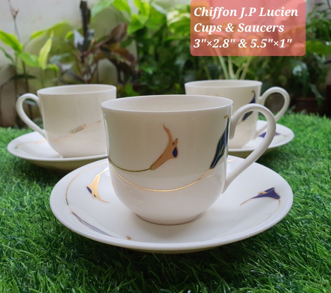 Chiffon J.P. Lucien Cups & Saucers (3 Dous) (Category: Coffee & Tea Tableware) located in Quezon City. Submitted by sgoecss005 (Listing ID 1394563706, Image 1). Description: This vintage set is made of fine, creamy white bone china with a delicate decoration of calla lilies hand-painted in gold and cobalt blue. .