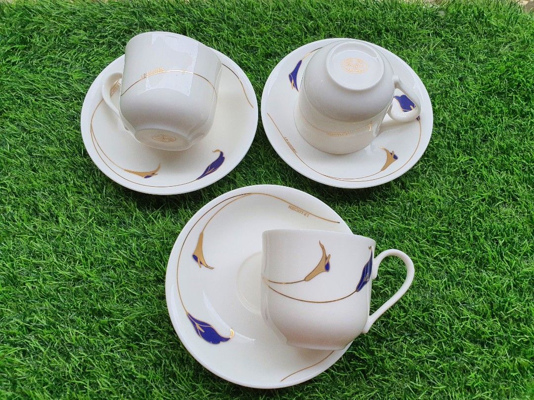 Chiffon J.P. Lucien Cups & Saucers (3 Dous) (Category: Coffee & Tea Tableware) located in Quezon City. Submitted by sgoecss005 (Listing ID 1394563706, Image 2). Description: This vintage set is made of fine, creamy white bone china with a delicate decoration of calla lilies hand-painted in gold and cobalt blue. .