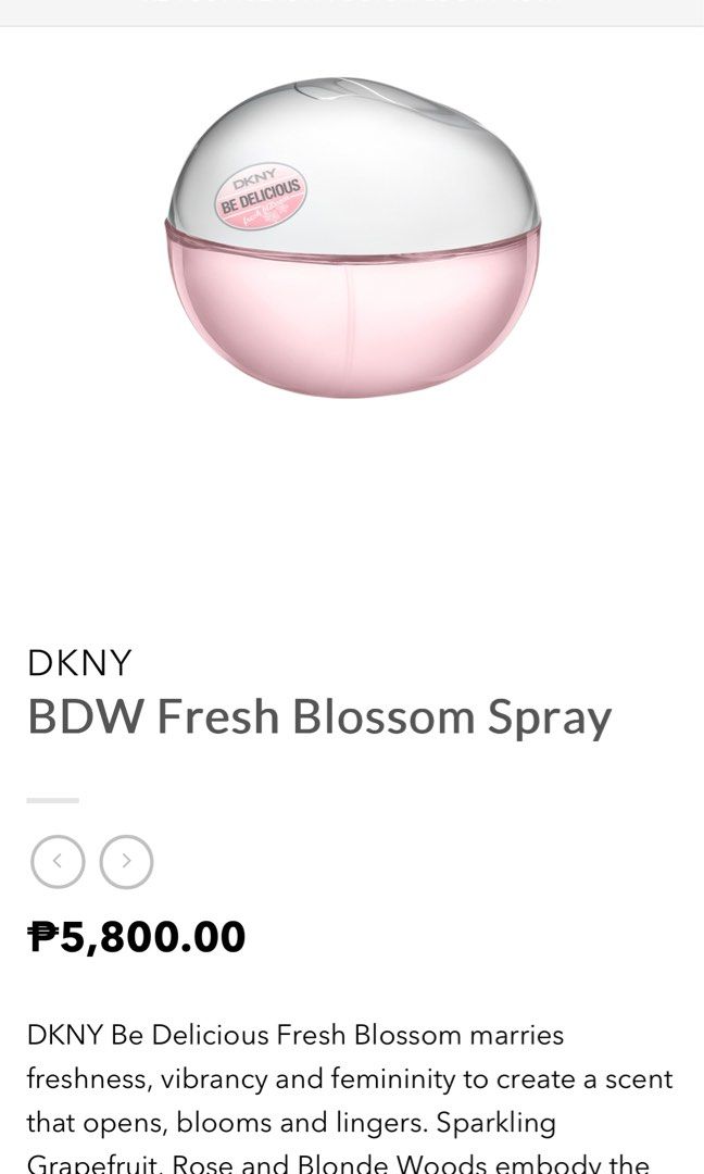 DKNY Be Delicious (Fresh Blossom) 50mL (Category: Fragrance & Deodorants) located in Quezon City. Submitted by authentic.preloved28 (Listing ID 1394527034, Image 3). Description: Sprayed less than 10x only. Rfs decluttering. Slightly negotiable. :) .