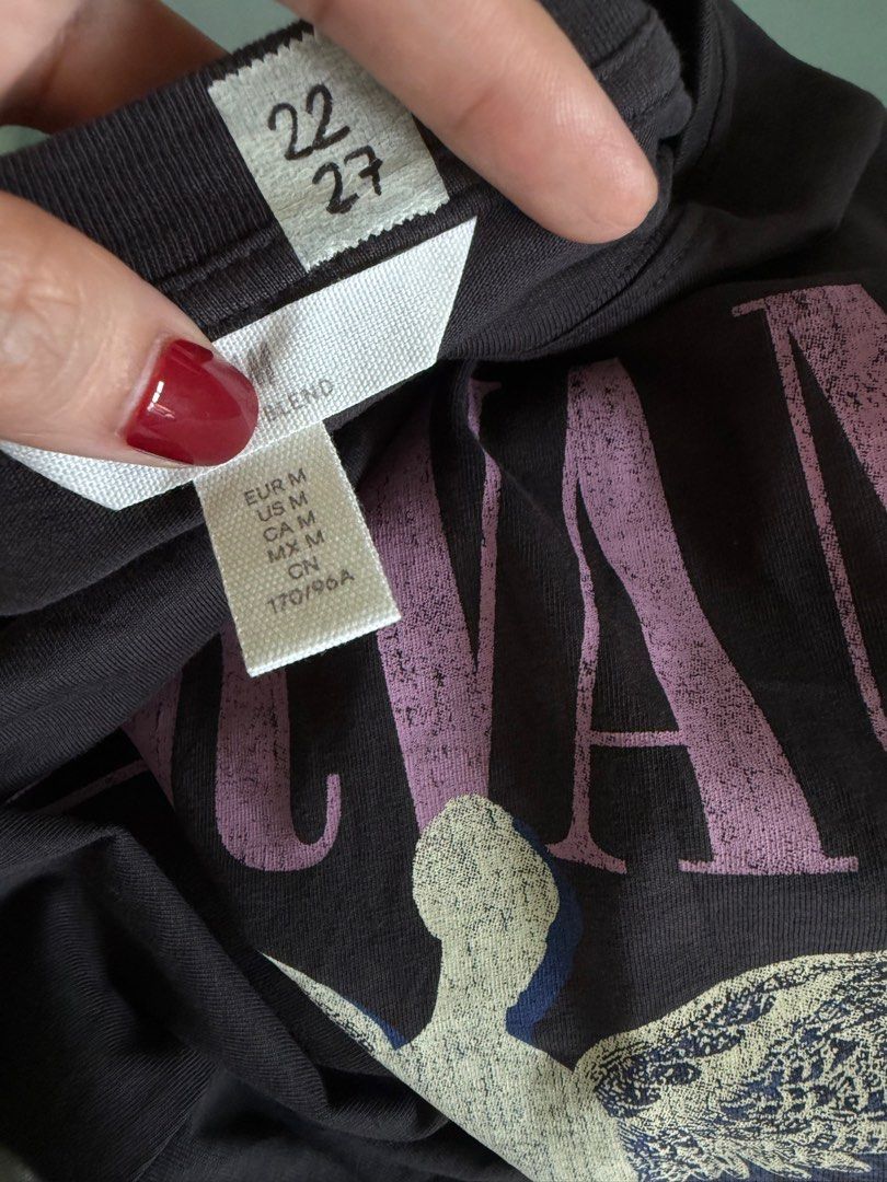 NIRVANA Boxy (Category: Shirts) located in Manila. Submitted by handpickedshirts (Listing ID 1388562945, Image 3). Description: Brand new Charcoal black, cracked prints - style with unnoticeable mending No backprint Medium on tag Approx L27in W22in laid flat.
