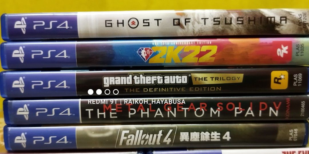Playstation 4 Games For Sale (Category: PlayStation) located in Dasmarinas. Submitted by nixx_hayabusa (Listing ID 1394425363, Image 1). Description: Playstation 4 Games for sale Ghost Of Tsushima 1,200 (SOLD) Metal Gear Solid V: The Phantom Pain 500 (SOLD) Fallout 4 400 Uncharted 4: A Thief's End 450 (SOLD) The Evil Within 2 700 (SOLD) GRAND THEFT AUTO V game disc INSIDE Grand Theft Auto: The Trilogy "The Definitive Edition" Case (Like New) 500 