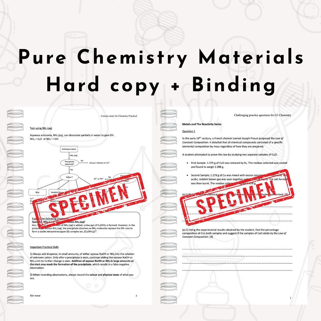 Pure Chemistry (Practical notes and Challenging Questions) O levels with binding (Category: Assessment Books) located in Singapore. Submitted by chemistrymind (Listing ID 1394442142, Image 2). Description: Materials are curated and consolidated by a Chemistry educator with a PhD in Chemistry from NUS. Too many resources available but insufficient time? I’ve prepared materials which are essential for your exam preparations. *Limited time promotion