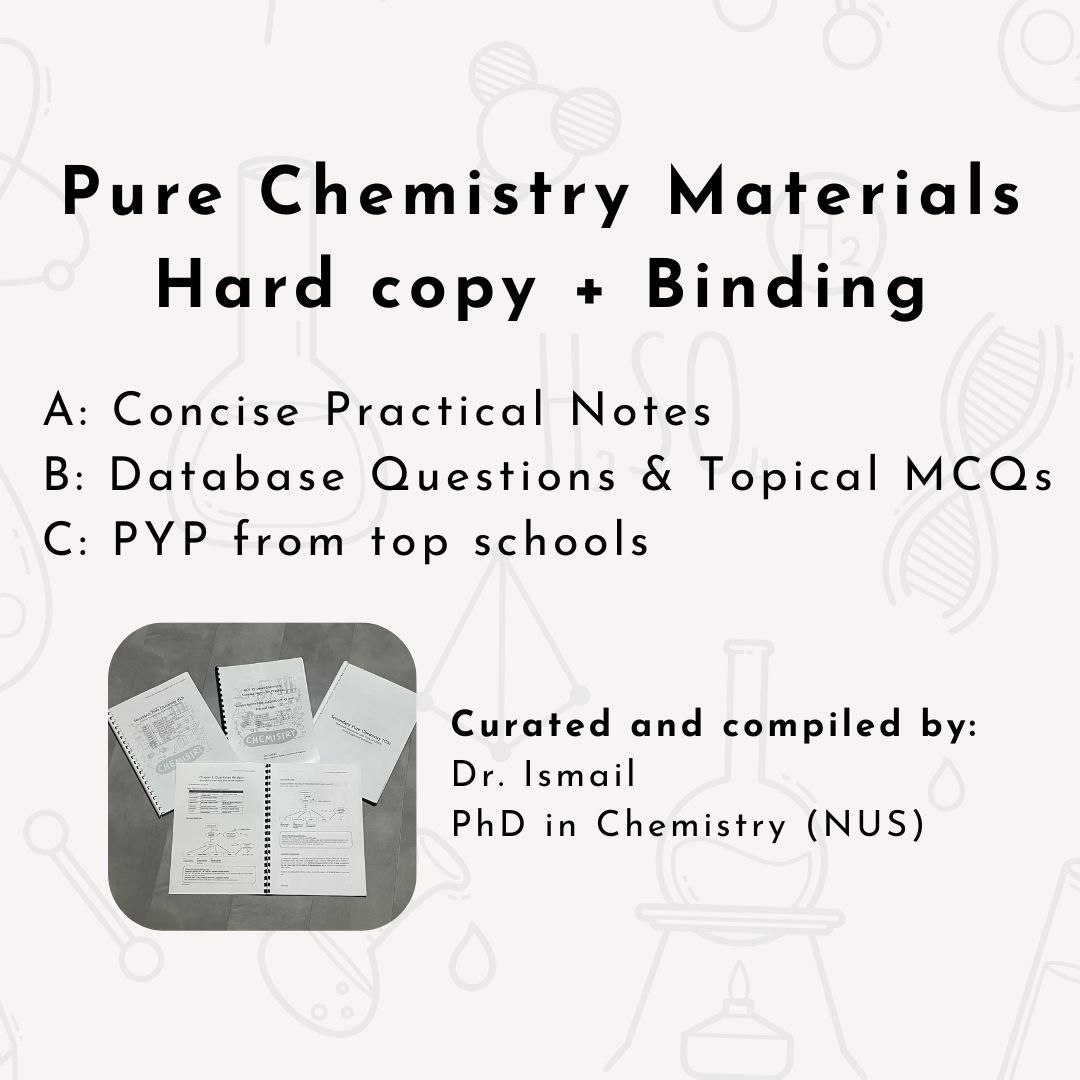 Pure Chemistry (Practical notes and Challenging Questions) O levels with binding (Category: Assessment Books) located in Singapore. Submitted by chemistrymind (Listing ID 1394442142, Image 1). Description: Materials are curated and consolidated by a Chemistry educator with a PhD in Chemistry from NUS. Too many resources available but insufficient time? I’ve prepared materials which are essential for your exam preparations. *Limited time promotion