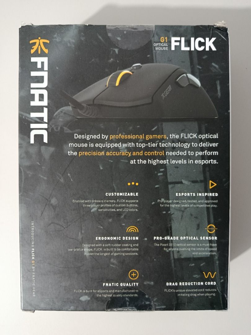 SELLING FAST: Fnatic Flick G1 Gaming Mouse (Category: Mouse & Mousepads) located in Quezon City. Submitted by alexavila162 (Listing ID 1394550849, Image 2). Description: Fnatic Officially-Branded Esports Product RFS: Extra Inventory. Need funds to upgrade gaming rig. Pixart PMW 3310 Sensor Omron Switches 5,000 CPI 130 IPS Tracking Speed 30g Acceleration 1000 Hz Polling Rate CONDITION: Totally unused and Brand New in Box. Priced at only 1.2k (Nego