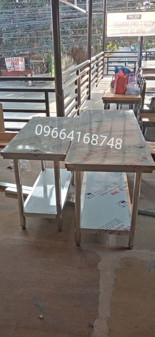Stainless Steel Kitchen Table FOR SALE (Category: Tables & Sets) located in Manila. Submitted by davearonda40644 (Listing ID 1394529024, Image 3). Description: - Durable SUS 304 stainless steel construction - Dimensions:MANY DIFFERENT SIZES - Features a lower shelf for extra storage - Perfect for food preparation and work surface - Multiple units available.