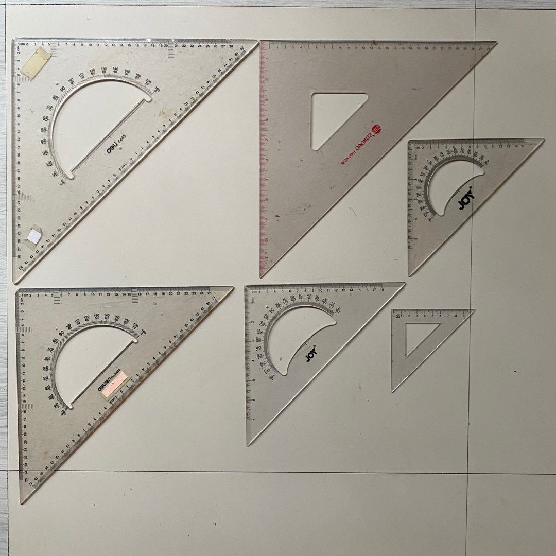 Triangle Rulers (Category: Stationery & School Supplies) located in Manila. Submitted by seisei01 (Listing ID 1394414344, Image 2). Description: Selling these rulers as a set for only ₱150. Different size for better drafting :)) (6) 45°/90° triangles (6) 30°/60° triangles PS: manage your expectations, these are heavily used. 📍meet-up : sm caloocan, sm fairview, fairview terraces 🚚 mod : j&t or lalamove 🧾mop : gcash or cash (if meetup).
