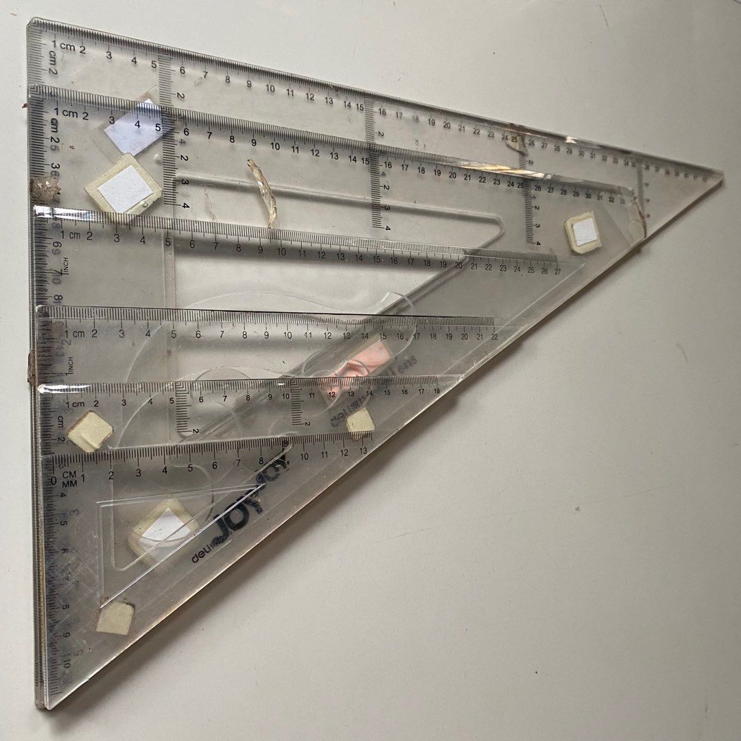 Triangle Rulers (Category: Stationery & School Supplies) located in Manila. Submitted by seisei01 (Listing ID 1394414344, Image 3). Description: Selling these rulers as a set for only ₱150. Different size for better drafting :)) (6) 45°/90° triangles (6) 30°/60° triangles PS: manage your expectations, these are heavily used. 📍meet-up : sm caloocan, sm fairview, fairview terraces 🚚 mod : j&t or lalamove 🧾mop : gcash or cash (if meetup).