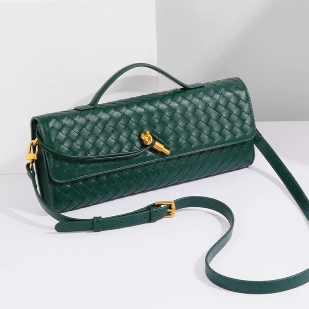 Woven Clutch Bag with Handle (Category: Luxury Bags & Wallets) located in Pasig City. Submitted by ThisandThatAvenue (Listing ID 1394528512, Image 3). Description: - Woven design clutch bag - Top handle - Detachable shoulder strap - Secure clasp closure - Multiple interior compartments - Available colors: Gold, Green.
