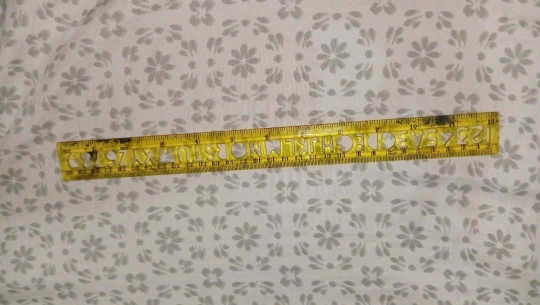 Yellow Ruler with Letter Cutouts (Category: Stationery & School Supplies) located in Makati City. Submitted by rbbql (Listing ID 1394561462, Image 1). Description: check my other listings for set of drafting materials (buy worth of 2000 and get this for free) - Yellow transparent ruler - Cut-out letters - Measures in centimeters and inches - Standard size - Straight and intact.