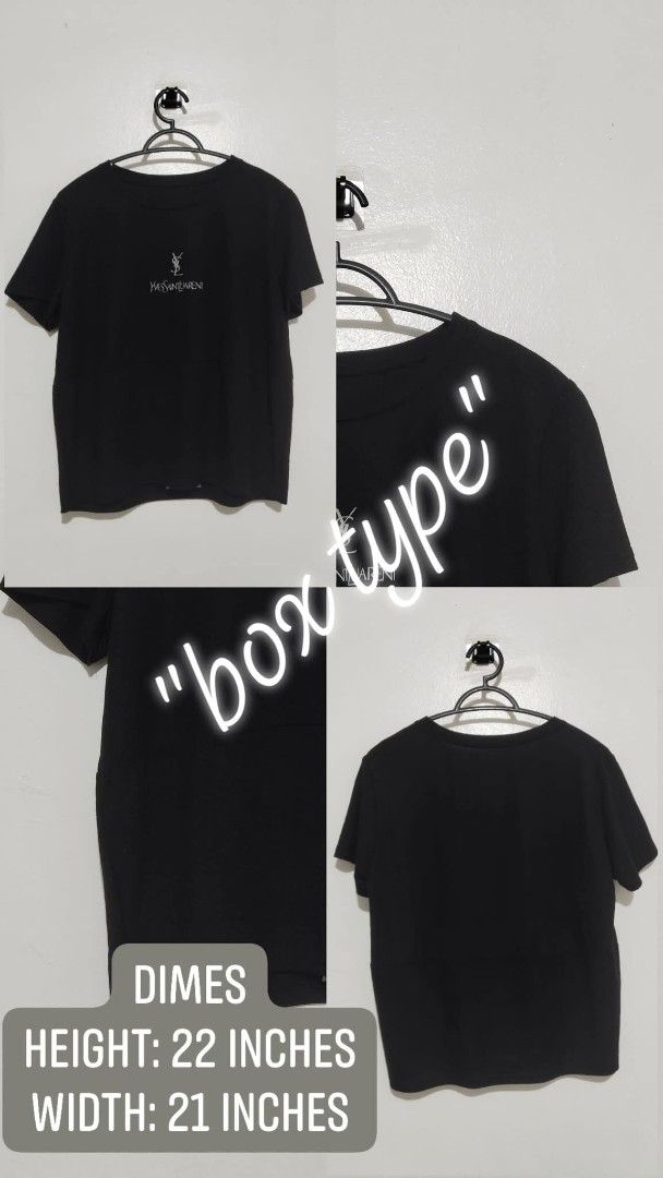 Yves Saint Laurent Box Type T-shirt (Category: Shirts) located in Manila. Submitted by kyabhe (Listing ID 1394558360, Image 1). Description: - Yves Saint Laurent T-shirt - Color: Black - Fit: Boxy - Features a small logo - Measurements: - Height: 22 inches - Width: 21 inches - Short sleeves.