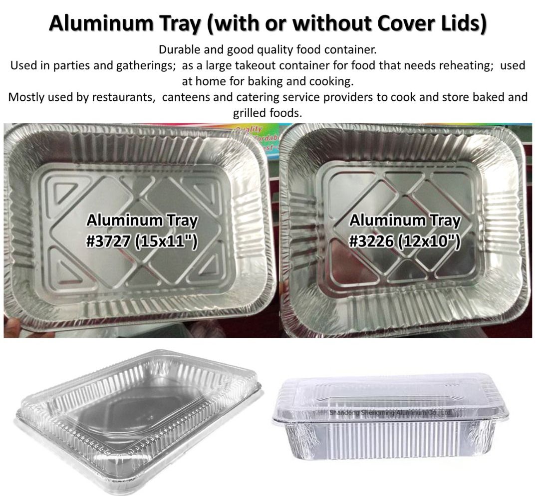 Aluminum Tray (with or without Cover Lids) (Category: Food Organization & Storage) located in Manila. Submitted by golden888onlineshop (Listing ID 1394706496, Image 1). Description: ✅ Aluminum Tray (with or without Cover Lids) Durable and good quality food container. Used in parties and gatherings; as a large takeout container for food that needs reheating; used at home for baking and cooking. Mostly used by restaurants, canteens and catering ser