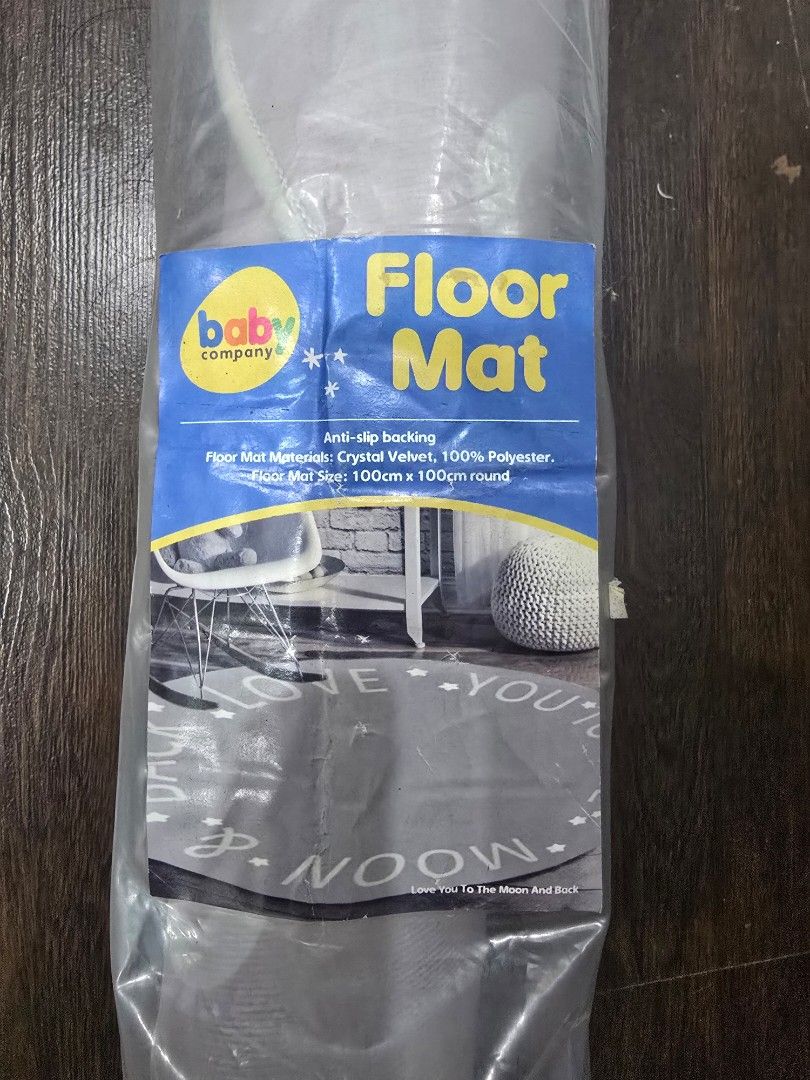 Baby Company Floor Mat (Category: Carpets, Mats & Flooring) located in Cavite. Submitted by justforthrift (Listing ID 1394770758, Image 1). Description: - Baby Company floor mat - Round shape: 100cm x 100cm - Design: "LOVE YOU TO THE MOON AND BACK" - Features anti-slip backing - Material: Crystal velvet and 100% polyester.