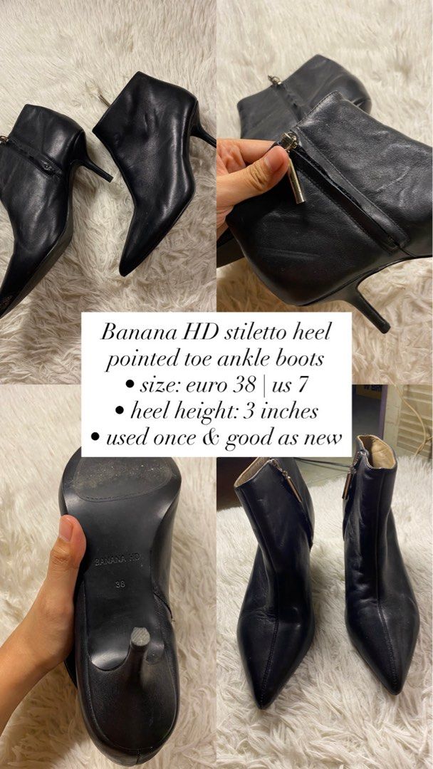 Banana HD stilleto heel pointed toe ankle boots (Category: Boots) located in Caloocan City. Submitted by ky.mndjr (Listing ID 1394635484, Image 2). Description: size: euro 38 | us 7 heel height: 3 inches used once & good as new.