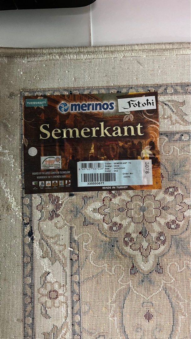 Carpet (Category: Carpets & Mats) located in Singapore. Submitted by papidog (Listing ID 1394689921, Image 3). Description: - Size: 240cm x 340cm - Features a classic floral design - Made in Turkey - Perfect for living rooms or spacious areas.
