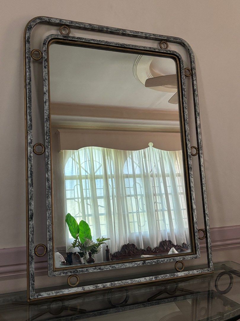 Console table with mirror (bulky) (Category: Other Home Furniture) located in San Fernando. Submitted by trigo91 (Listing ID 1394627432, Image 3). Description: Console table Material: metal, removable glass top Dimensions: L90.5cm x W39cm x H82.5cm Mirror Material: metal frame, glass Dimensions: L60cm x W2.5cm x H82.5cm Item is in San Fernando Pampanga. Buyer to arrange shipping. .