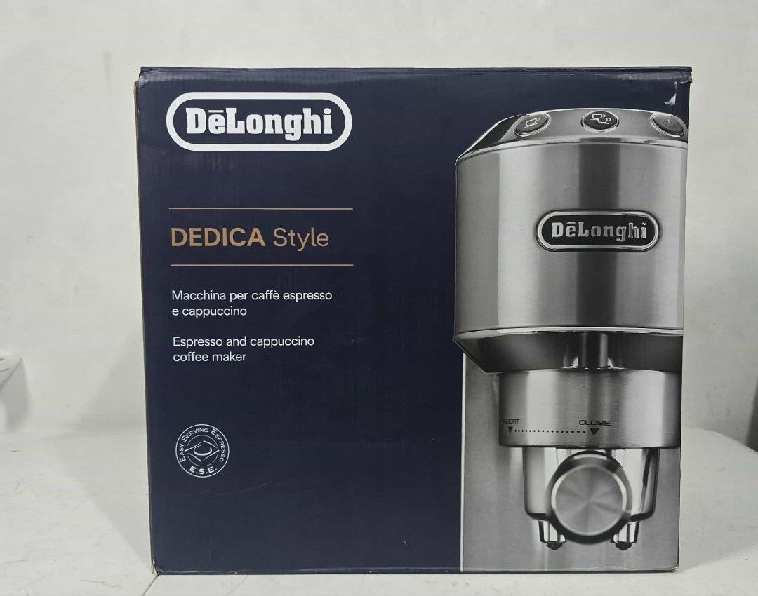 Delonghi Dedica Espresso Machine (Category: Coffee Machines & Makers) located in Taytay. Submitted by mikz_1303 (Listing ID 1394647572, Image 1). Description: Delonghi Dedica Espresso Machine Australia mall pull out Used as display unit No issue 220V Almost New Inclusion Box 2 Filter cup Portafilter Descaling liquid Spoon and tamper 10k.