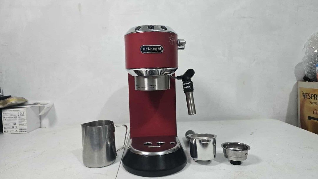 Delonghi Dedica Espresso Machine (Category: Coffee Machines & Makers) located in Taytay. Submitted by mikz_1303 (Listing ID 1394750384, Image 2). Description: Delonghi Dedica Espresso Machine Australia mall pull out Used as demo or display unit No issue 220V Inclusion Box 2 Filter cup Portafilter Milk Jug Spoon and tamper 9.5k.