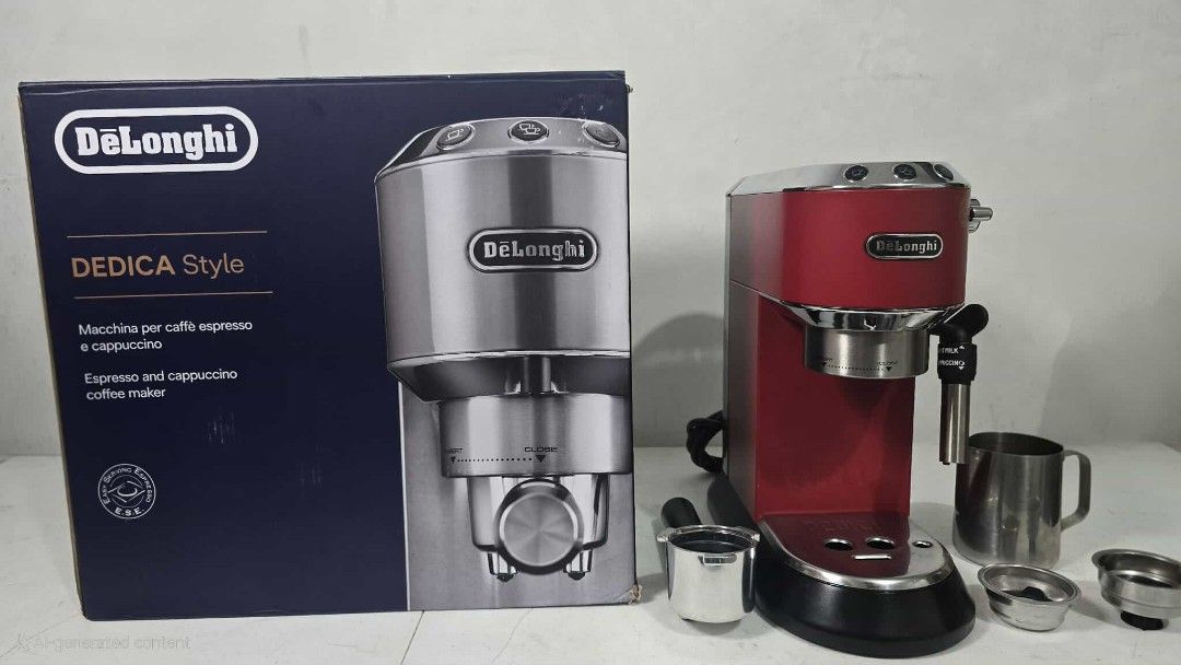 Delonghi Dedica Espresso Machine (Category: Coffee Machines & Makers) located in Taytay. Submitted by mikz_1303 (Listing ID 1394750384, Image 1). Description: Delonghi Dedica Espresso Machine Australia mall pull out Used as demo or display unit No issue 220V Inclusion Box 2 Filter cup Portafilter Milk Jug Spoon and tamper 9.5k.