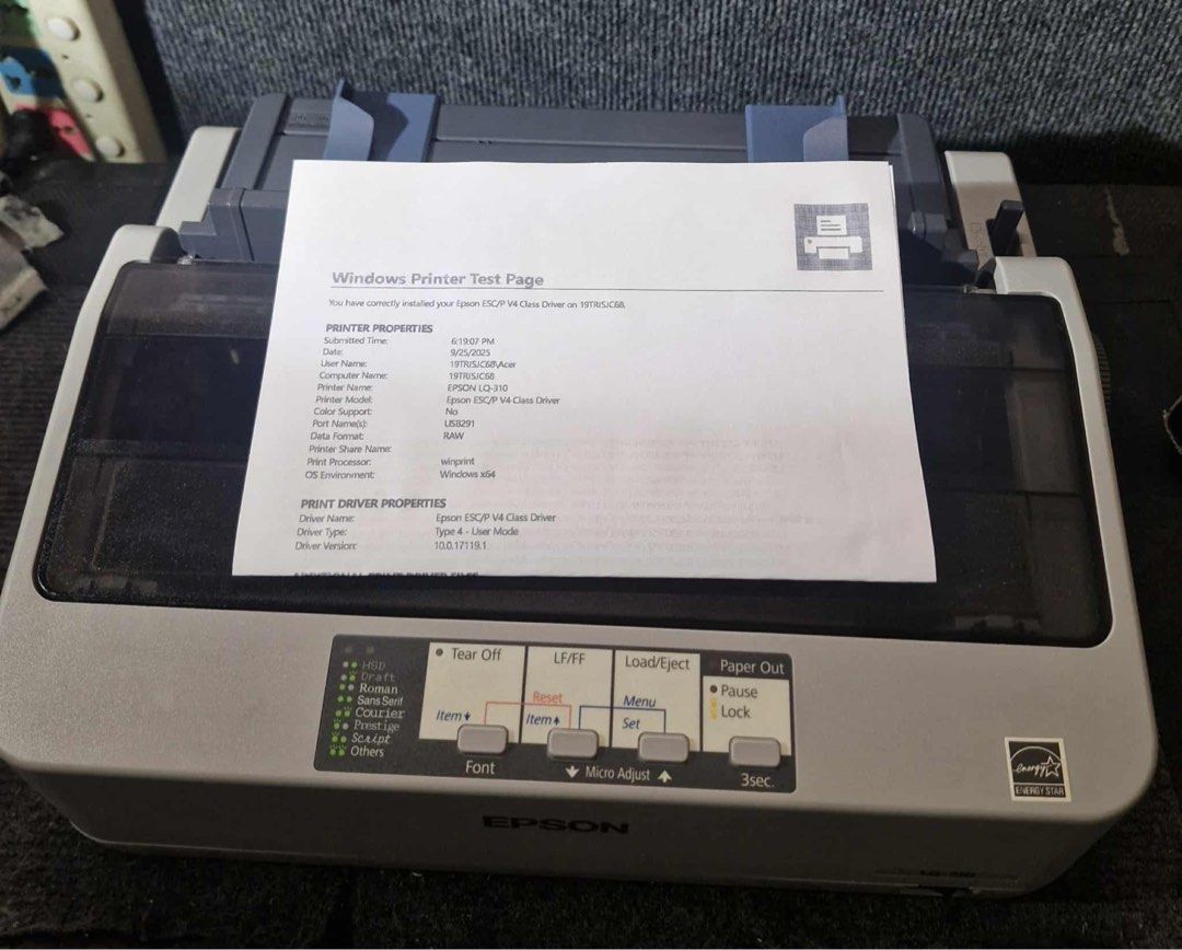 Epson LQ-310 Dot Matrix Printer (Category: Printers, Scanners & Copiers) located in Makati City. Submitted by jtechs (Listing ID 1394735581, Image 2). Description: - Epson LQ-310 dot matrix printer - Tested and working - Prints a Windows test page - Features paper feed and control panel - Gray color with Epson logo complete with usb cord power cord and ribbon.