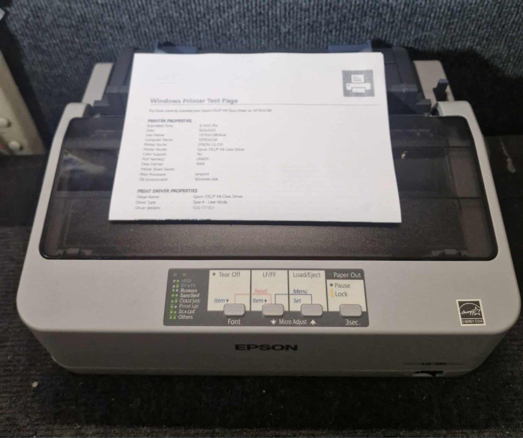 Epson LQ-310 Dot Matrix Printer (Category: Printers, Scanners & Copiers) located in Makati City. Submitted by jtechs (Listing ID 1394735581, Image 3). Description: - Epson LQ-310 dot matrix printer - Tested and working - Prints a Windows test page - Features paper feed and control panel - Gray color with Epson logo complete with usb cord power cord and ribbon.